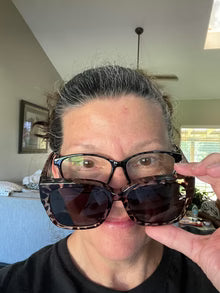 Melissa V. wearing fit-over sunglasses
